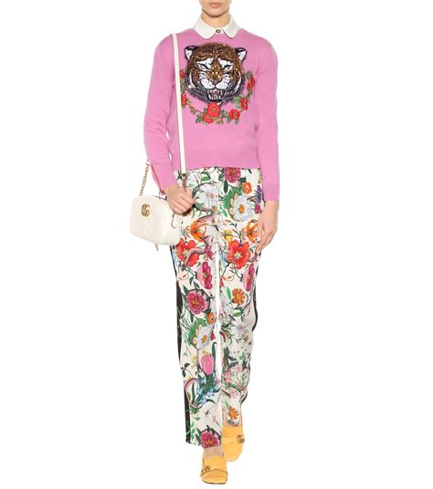 Gucci Snake Flora Print Trousers In Pink Silk 